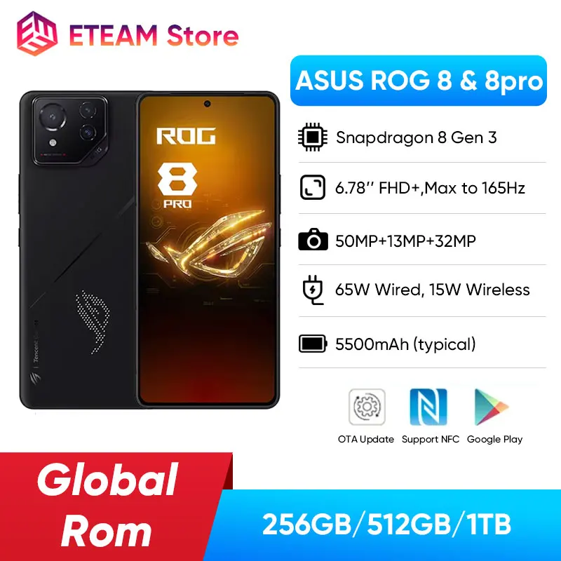 ASUS ROG 8 & 8 pro android 5G Gaming Phone Global Rom Snapdragon 8 Gen 3 6.78'' 165Hz AMOLED Screen 5500mAh 65W Fast Charge