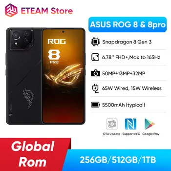 ASUS ROG 8 및 8 프로 안드로이드 5G 게이밍 폰, 글로벌 롬, 스냅드래곤 8, 3 세대, 6.78 인치, 165Hz AMOLED 스크린, 5500mAh, 65W 고속 충전