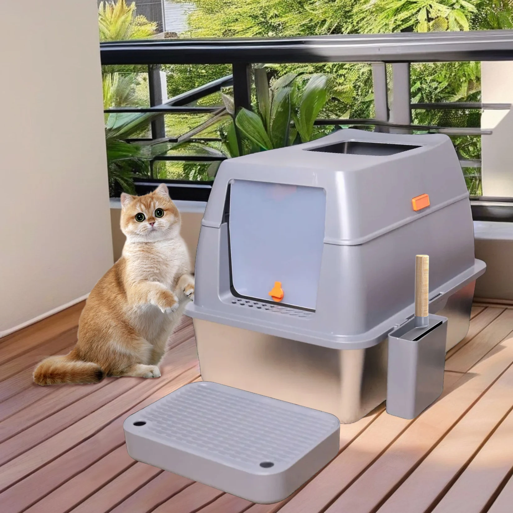 Enclosed Cat Litter Box Front Top Exit Cat Toilet Boxes with Lid for Multiple Cats Species  Stainless Steel Tray Pan