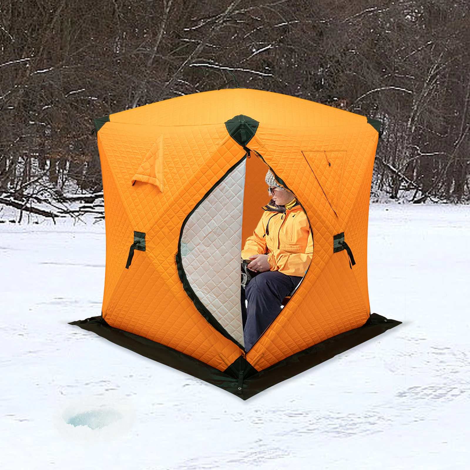 Portable Insulated Ice Fishing Shelter with Ventilation Hole Thermal Ice Fishing Shanty with Reflective Strip & D-shaped Door