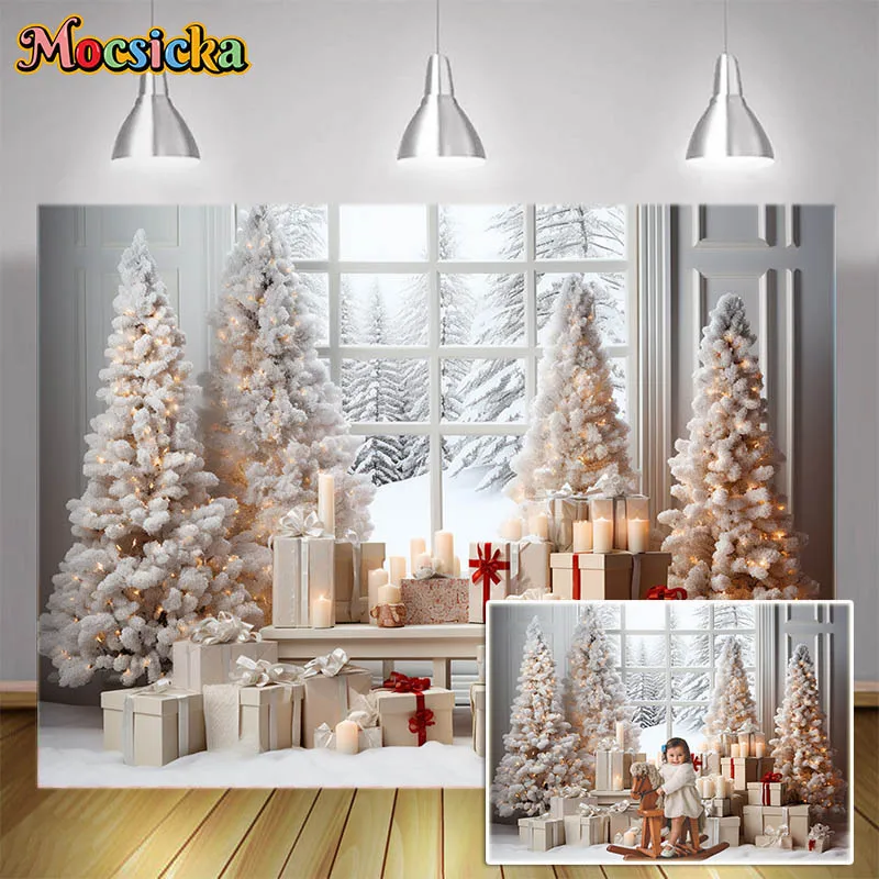 

Winter Snow Window Christmas Tree luxury Room Decor Props Kids Portrait Birthday Party Curtains Studio Photography Background