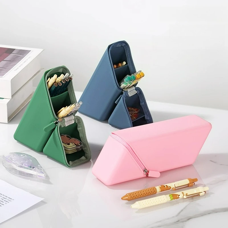 

Креативный силиконовый пенал большой вместимости, простой дизайн, двойное назначение, многослойное хранение, треугольный, вертикальный стиль