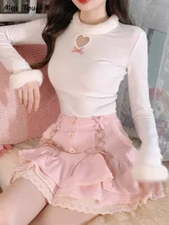 Pink Japanese Sweet Mini Skirt Women Lolita Casual Elegant Kawaii Female Skirt High Waist Bandage Korean Y2k Skirt 2024 Spring