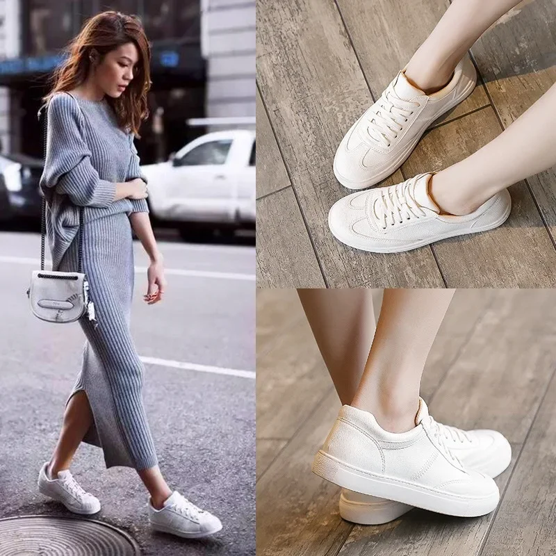 Fashion White Leather Women Chunky Sneakers White Shoes Lace Up Tenis Feminino Zapatos De Mujer Platform Women Casual Shoe