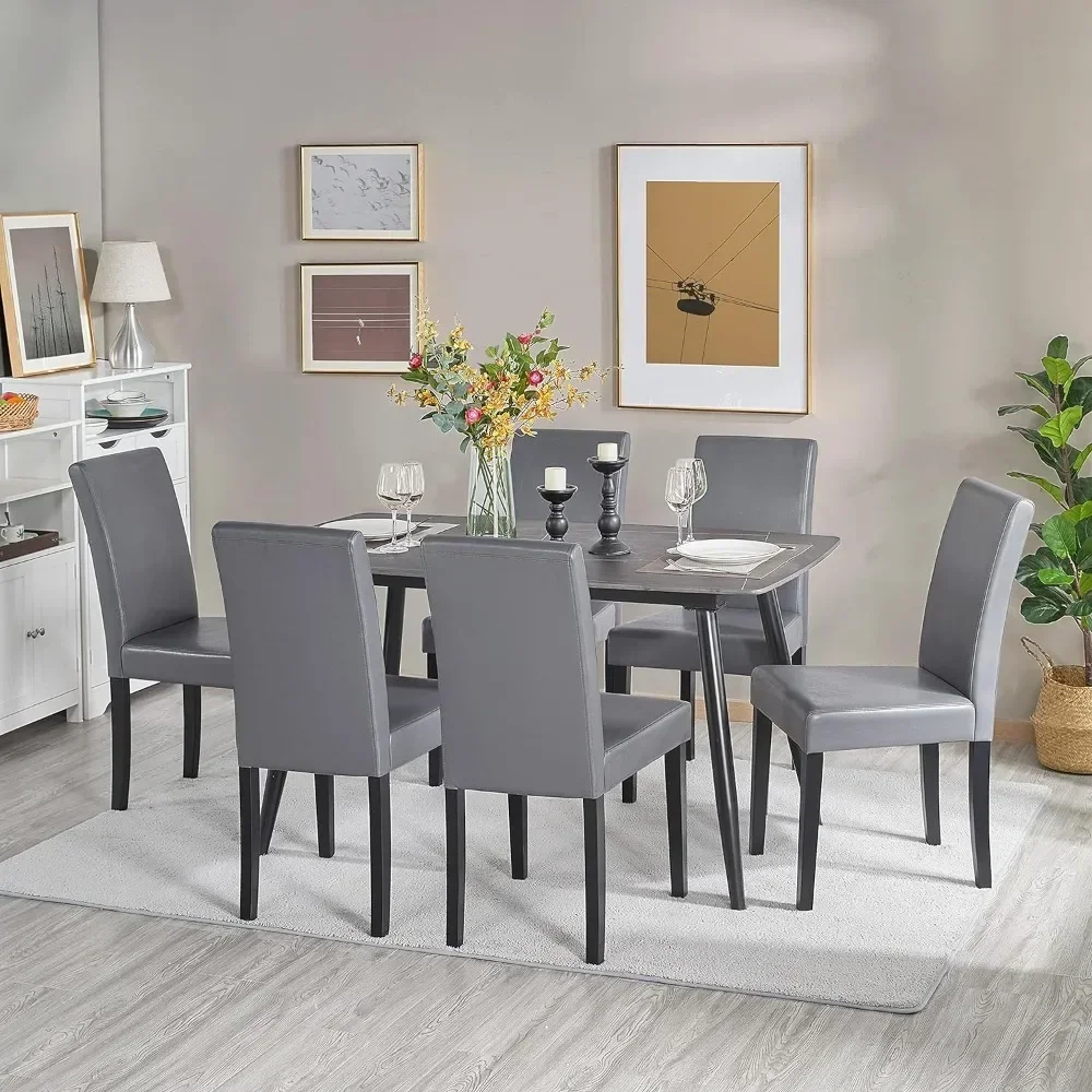 4 faux leather high backrest kitchen chairs with soft cushioned armless side chairs, waterproof surface and gray wooden legs