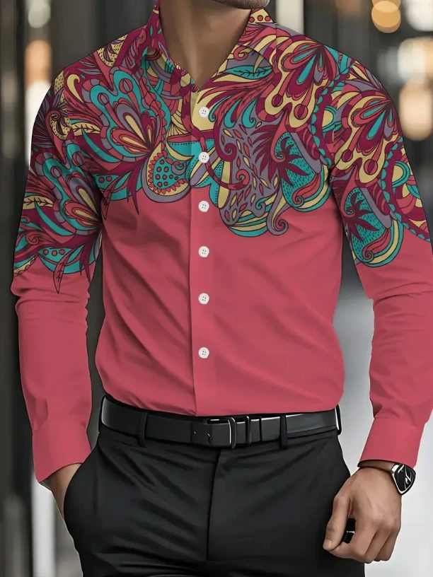

Men'S Plus Size Golf-Themed Long Sleeve Shirt - Vibrant Orange Pumpkin & Ball Print, Stylish Green Button-Up with Black Pants、