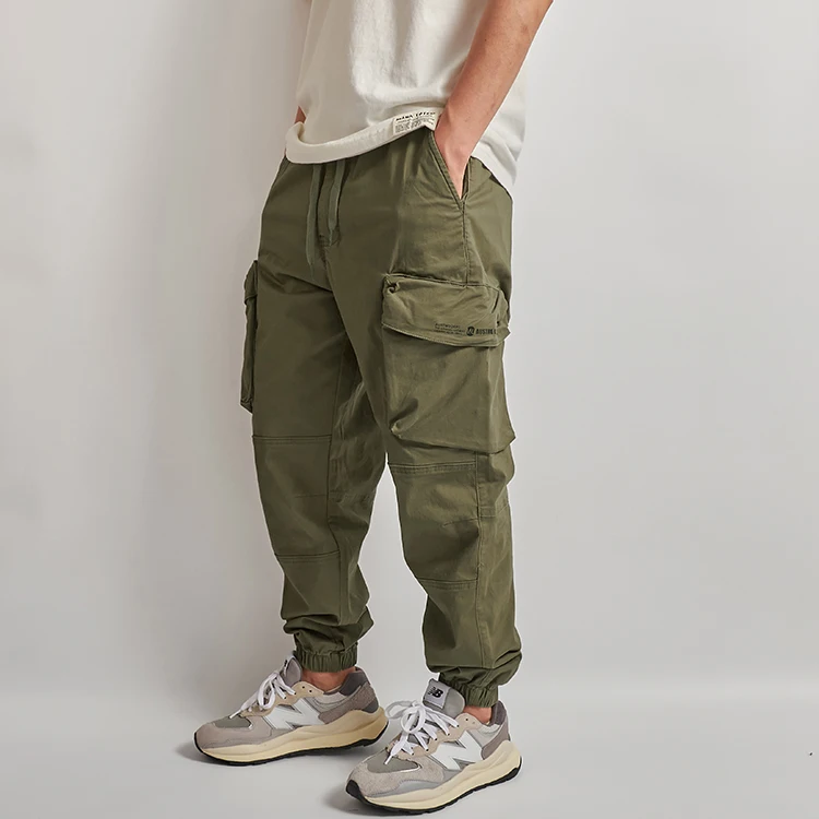 Spring Summer Japanese Retro Military Outdoor Cargo Pants Men\'s 97% Cotton Washed Multi-pocket Loose Casual Ankle-tied Trousers