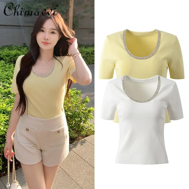 

2024 Spring and Summer New Design Neckline Heavy Industry Hot Diamond Elastic Slim Skinny Knitted Short Sleeve T-Shirt Top Women