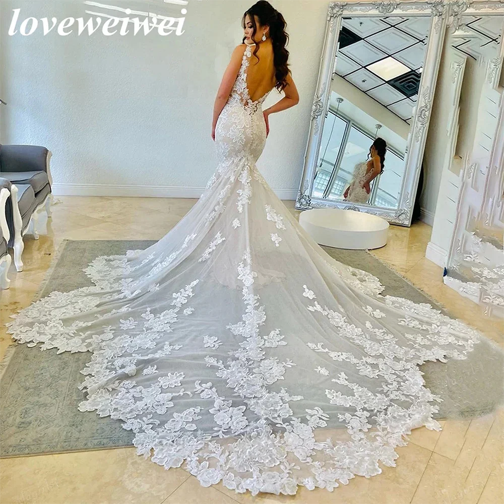 Spaghetti Strap Boho Mermaid Wedding Dress Lace Beach Wedding Dress Open Back Long Train Bridal Dress Wedding Gown Vestido Novia