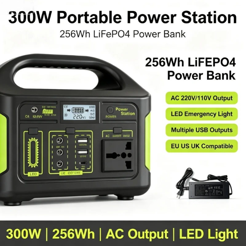300W 256Wh Portable Power Station LiFePO4 Solar Generator Compatible With Pure Sine Wave AC DC USB Type-C PD For Camping RV Home
