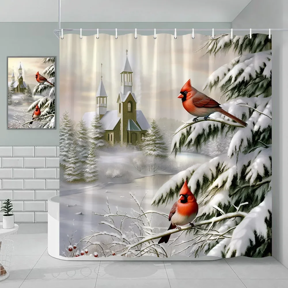 Winter Shower Curtain, Christmas Snowman Flamingo Christmas Tree Red Bird Holiday Farm Forest Scenery, Bathroom Decorations