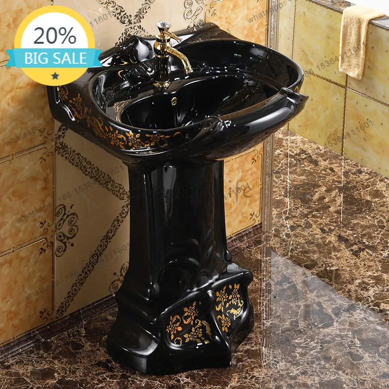 D30 European classical bathroom column basin gold pillar black washbasin