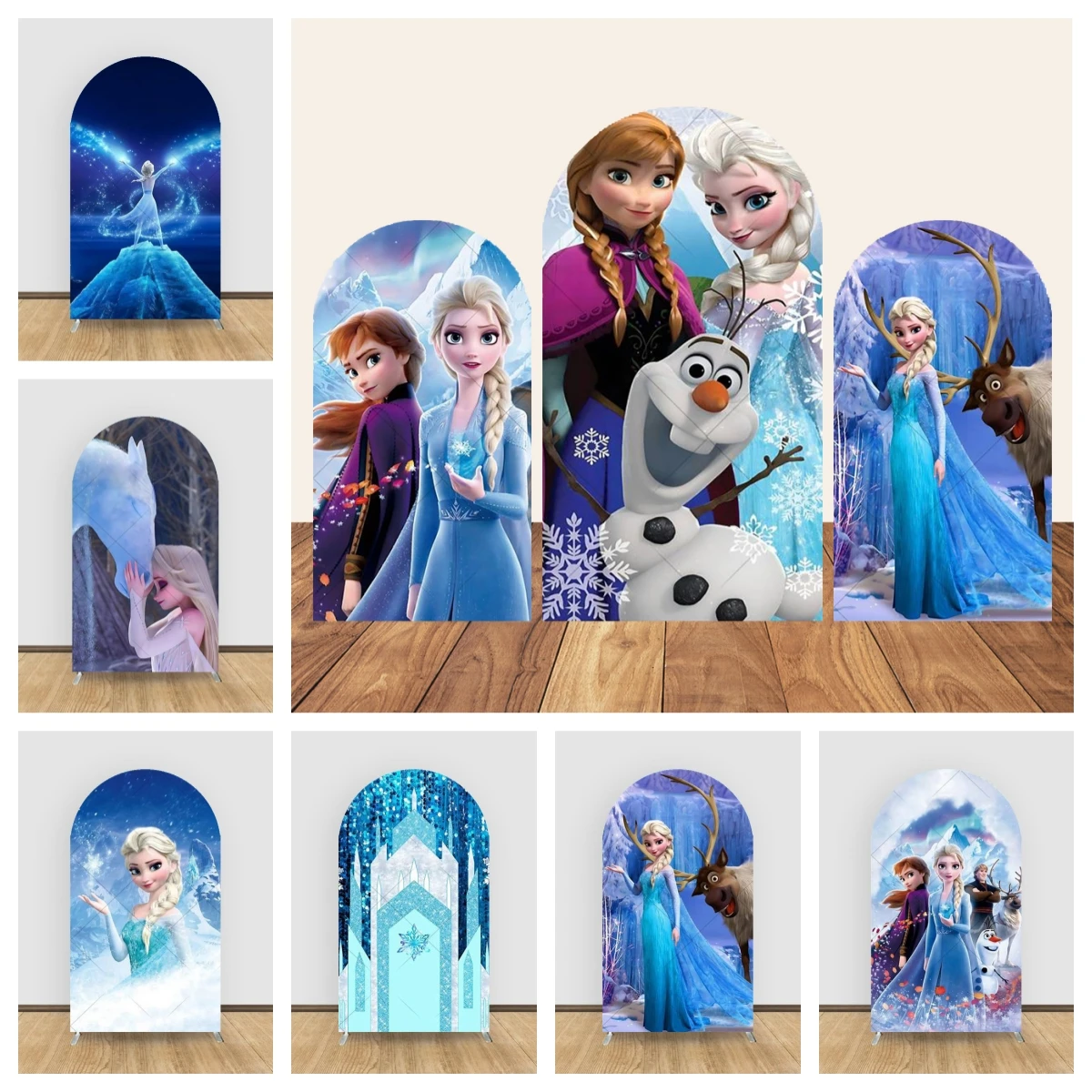 Couverture de fond arqué d'anniversaire congelé, arrière-plan élastique, flocon de neige, Olaf, Anna, Elsa, bannière de fond arquée pour réception-cadeau pour bébé