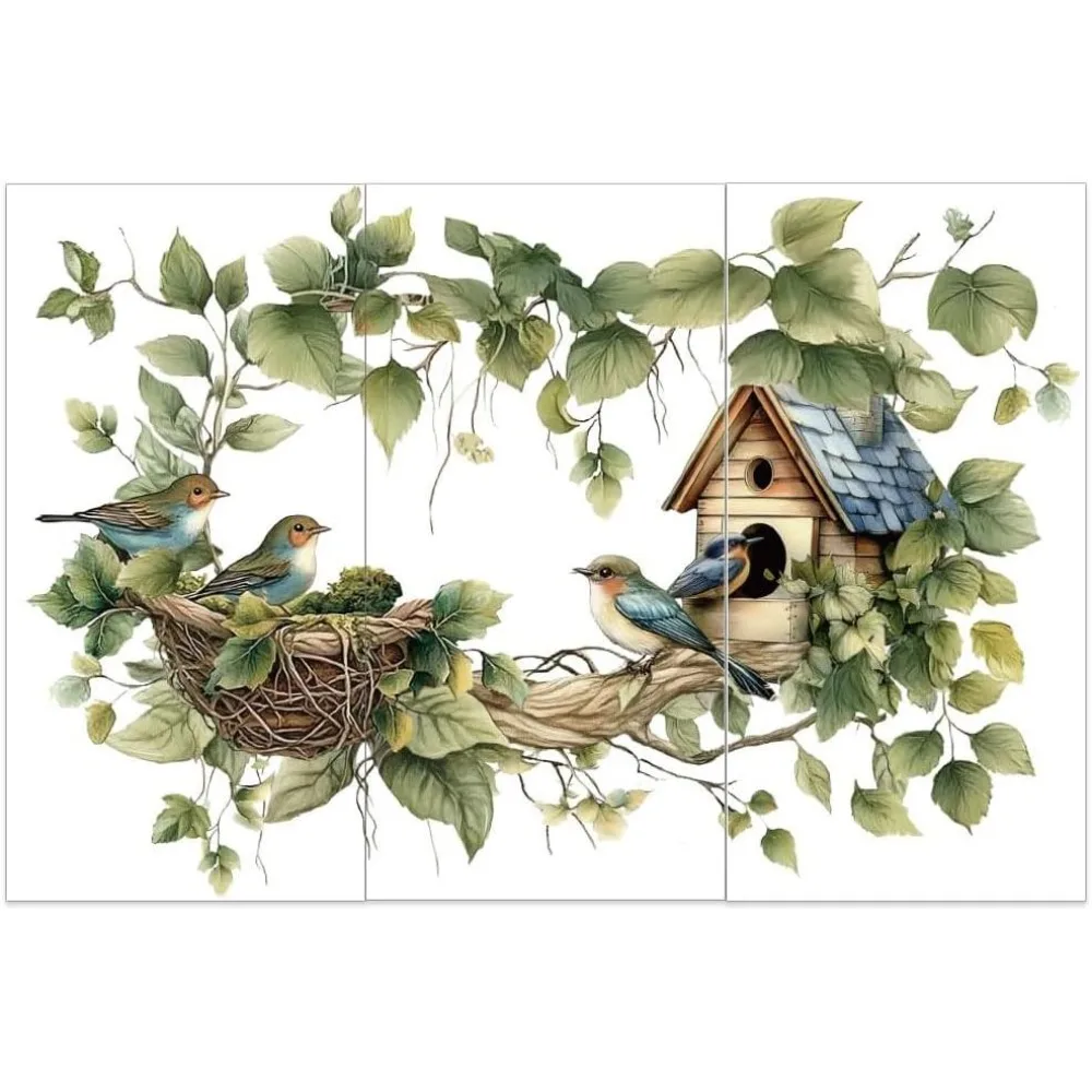 3-Pack Bird Branches Rub-On Transfers 6x12 Inch Bird Nest Decals for Wood Furniture Home Decor