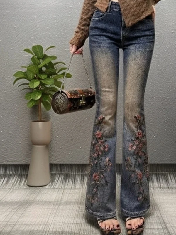 

Ele Embroidered Floral High Waist Slim Fit Stretch Denim Capri Pants Women's Casual Faion Spring Season High Street Sle