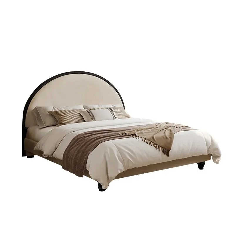 

French cream style master bedroom bed, simple modern round moon bed, double fabric bed