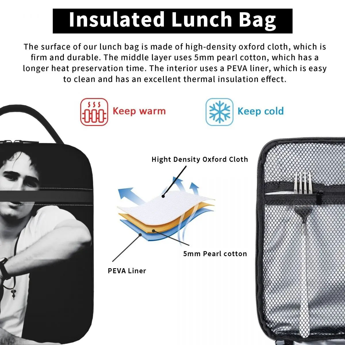 الرجعية J-Jeff B-Buckley البوب المغني حقيبة الغداء مضحك علب الاغذية للكبار في الهواء الطلق نزهة المحمولة سستة حقيبة للحفاظ على البرودة حمل أكياس الغذاء #3