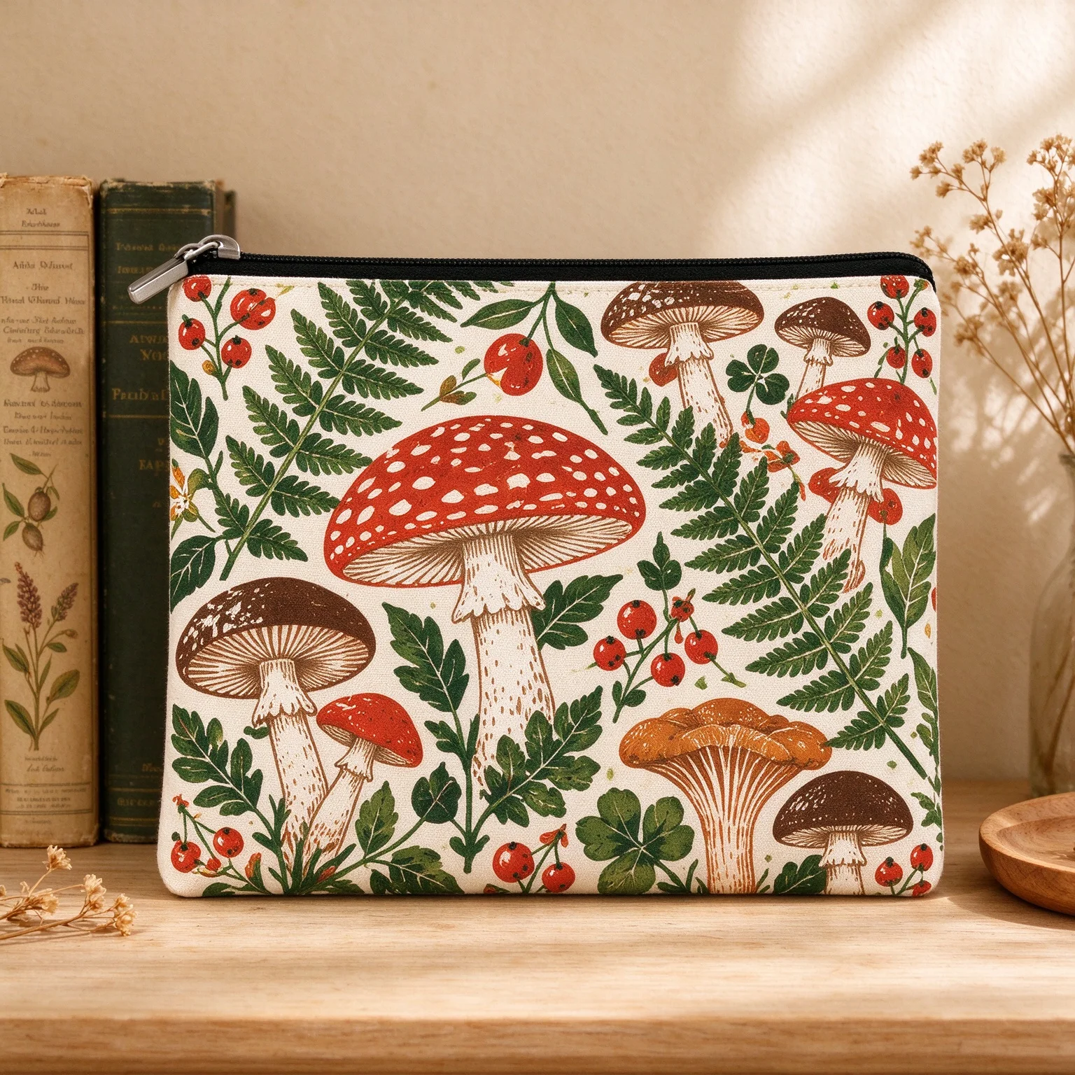 Vintage Mushroom Fern Zipper Pouch, Canvas Makeup Bag, Retro Botanical Print Cosmetic Organizer for Travel Storage Gift