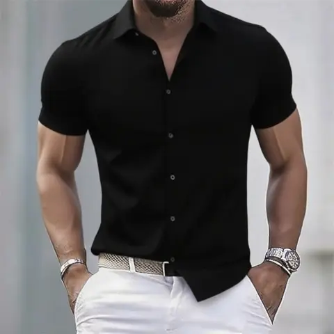 Solid color men's casual shirt, fashionable casual short sleeve stretch fabric, business formal shirt, comfortable fabric
