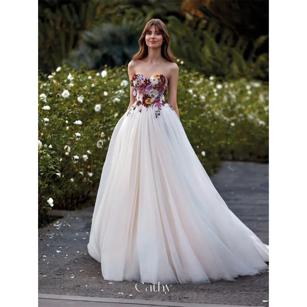 

Cathy White Lace Embroidery Tulle Wedding Dress Strapless A-line Party Dresses Sleeveless Floor-length vestidos de fiesta 2024