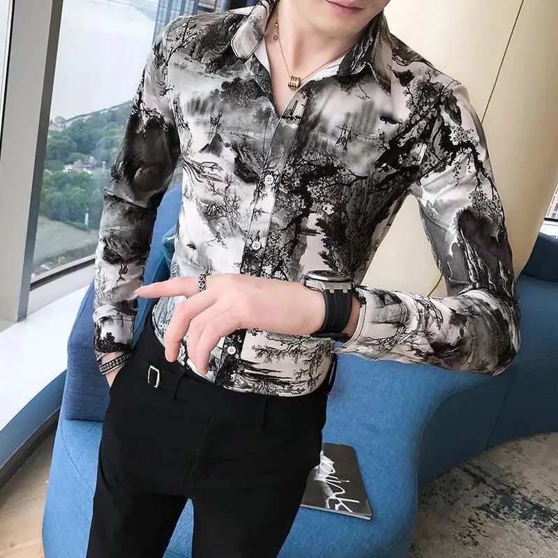 Spring Summer Korean Fashion Trend Fashion Printing Shirt Men Long Sleeve Csual All-match Blouse Homme Vintage Cardigan Top Men