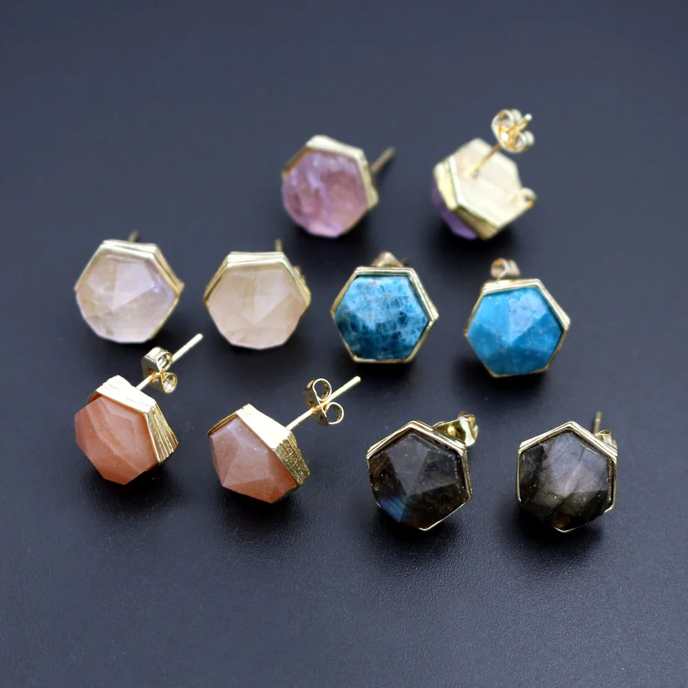 6pair Gold Plated Hexagon Natural Point Healing Stone Stud Earrings Crystal Blue Stone Geometric Earrings with Loop Connectors