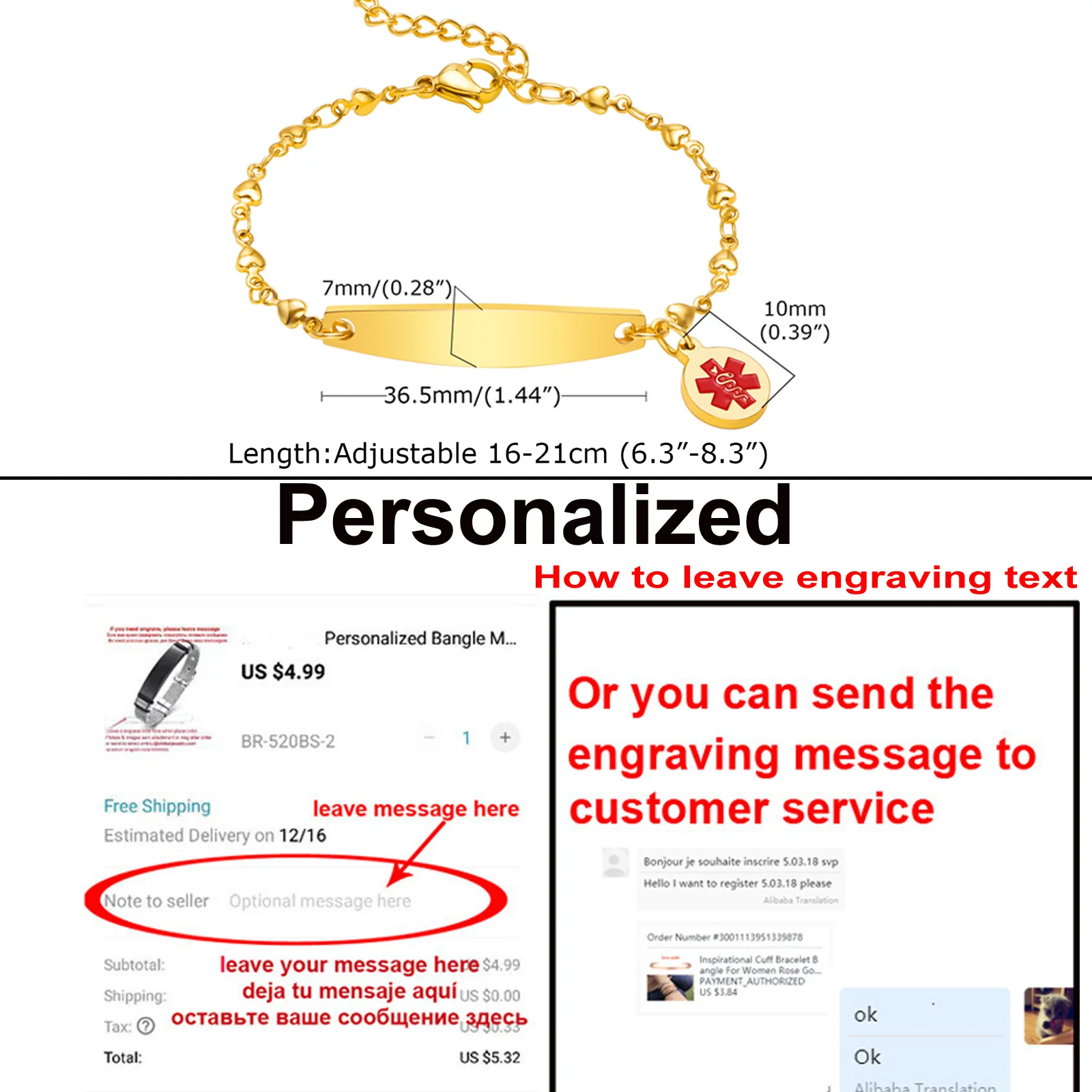Custom Enamel Medical Alert ID Bangle Stainless Steel Rolo Chain Link Thin Bar Bracelet for Women Adjsutable 7.6\
