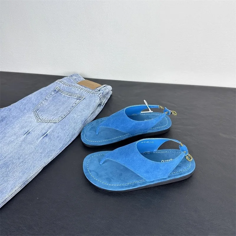 Korean Minimalist Suede Slingback Thong Sandals Women Flat Clip Toe Flip Flops Summer Casual Outdoor Beach Back Strap Sandals