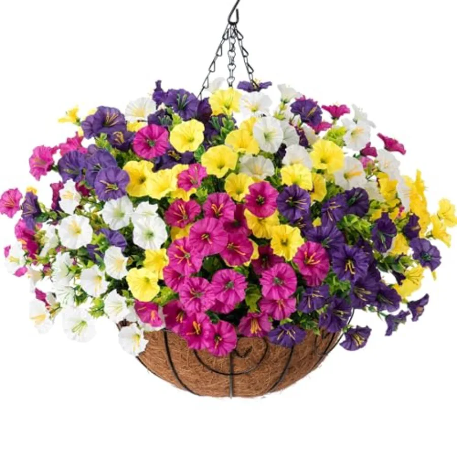 

Artificial Hanging Flowers Faux Plants Basket for Outdoors Spring Decor, Fake Silk Morning Glory with Eucalyptus in Planter UV