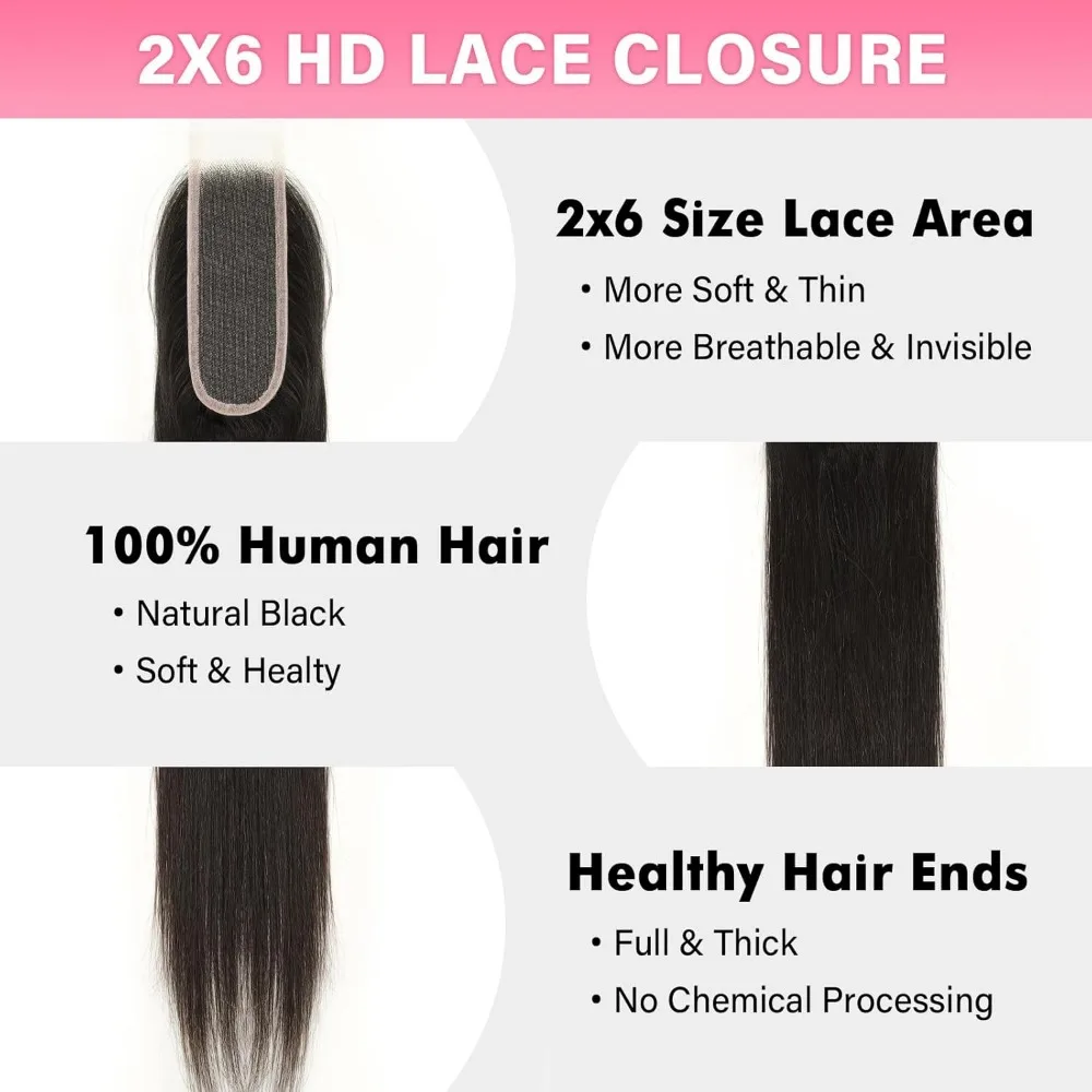 リアル2x6 HDレースクロージャー ストレート 未加工バージン人毛 シングルノット 自然な生え際 超薄型 インビジブルHDレース