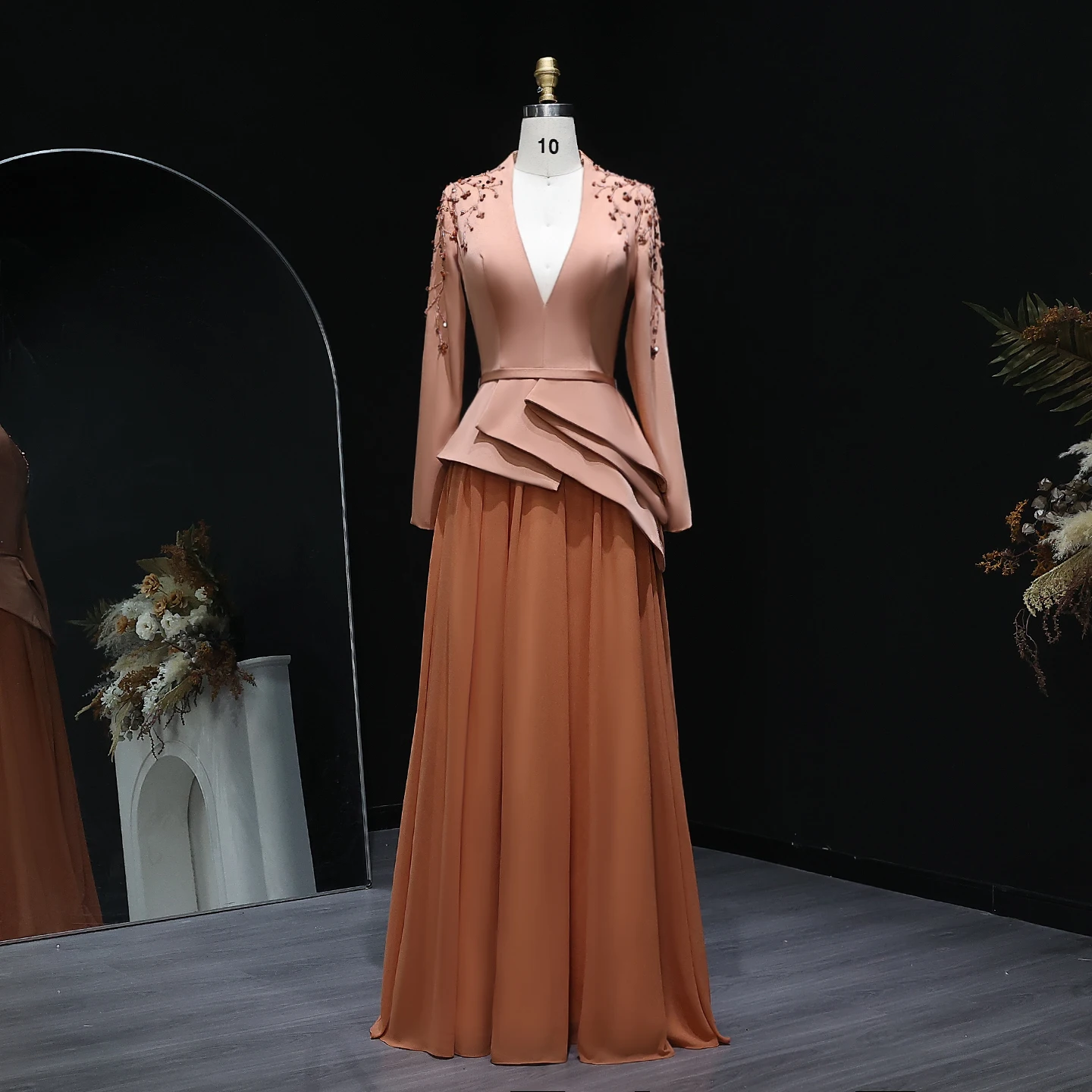 Sharon Said Dubai Orange Beading Evening Dresses with V-Neck Full Sleeve for Women Wedding Formal Gown SS216 Customized image 3