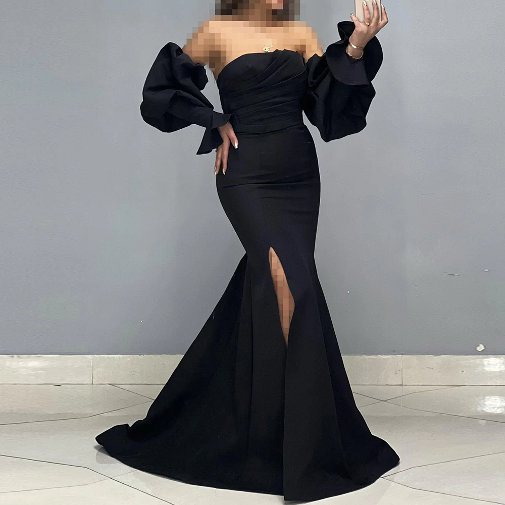 

Simple Ceremony Dresses Jersey Mermaid/Trumpet Party Dress Black Off-the-shoulder Front Split Pleat Valentine's Day Long Gown