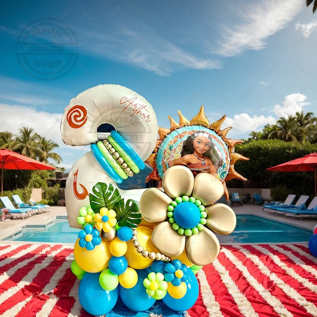 56 Uds. Kit de arco de guirnalda de Globos de princesa Moana para chico, decoraciones para fiesta de cumpleaños, Baby Shower, Globos de aluminio de 1 a 9 y 40 pulgadas, Globos de aire