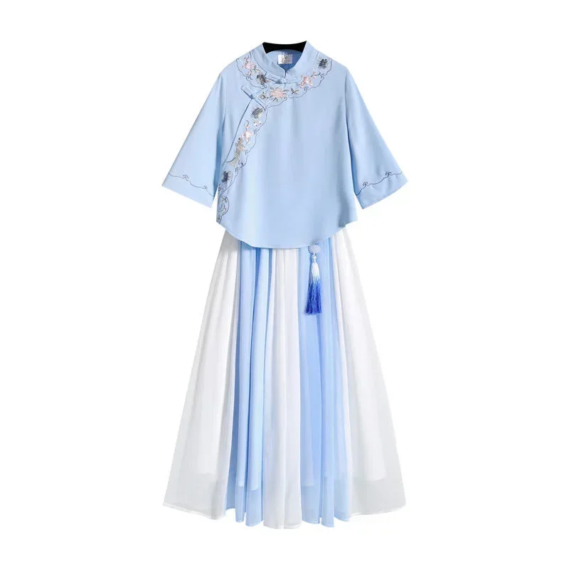 Vestido hanfu feminino melhorado em estilo chinês, vestido moderno, novo estampado, fato antigo, fantasia de saia curta de fada, moda verão 2024