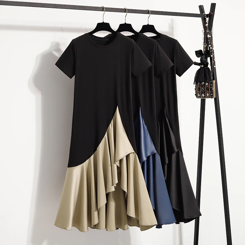 HKSH ฤดูร้อนใหม่ผู้หญิงแฟชั่นรอบคอสั้นเสื้อยืด TOP ชุดแนวโน้ม Patchwork พับ Elegant Dark Chic INS HK9445