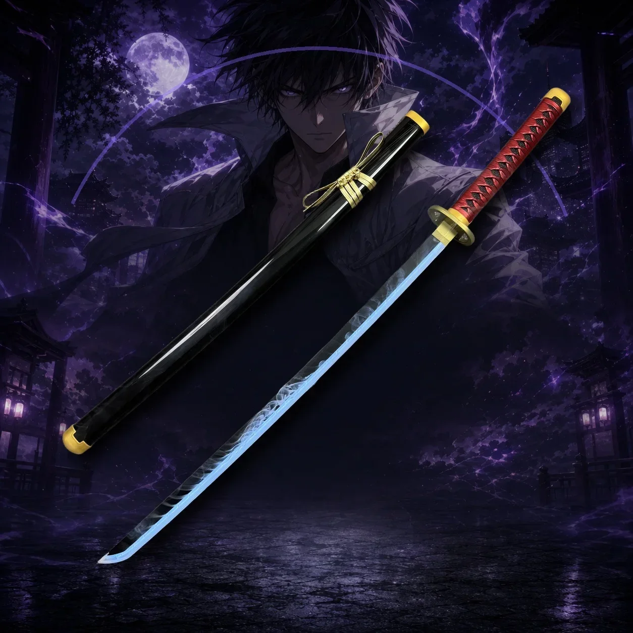 41in 104cm Jujutsu Kaisen Yuta Okkotsu Smoke Katana Sword Set Plastic Cosplay Prop with Display Stand Waist Belt Anime Decor