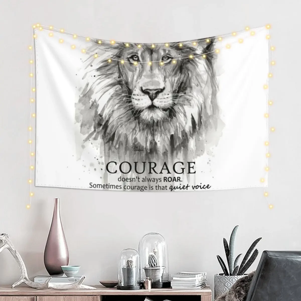 Courage Quote Lion Motivational Watercolor Tapestry Aesthetic Room Decorations Wall Decorations Tapestry