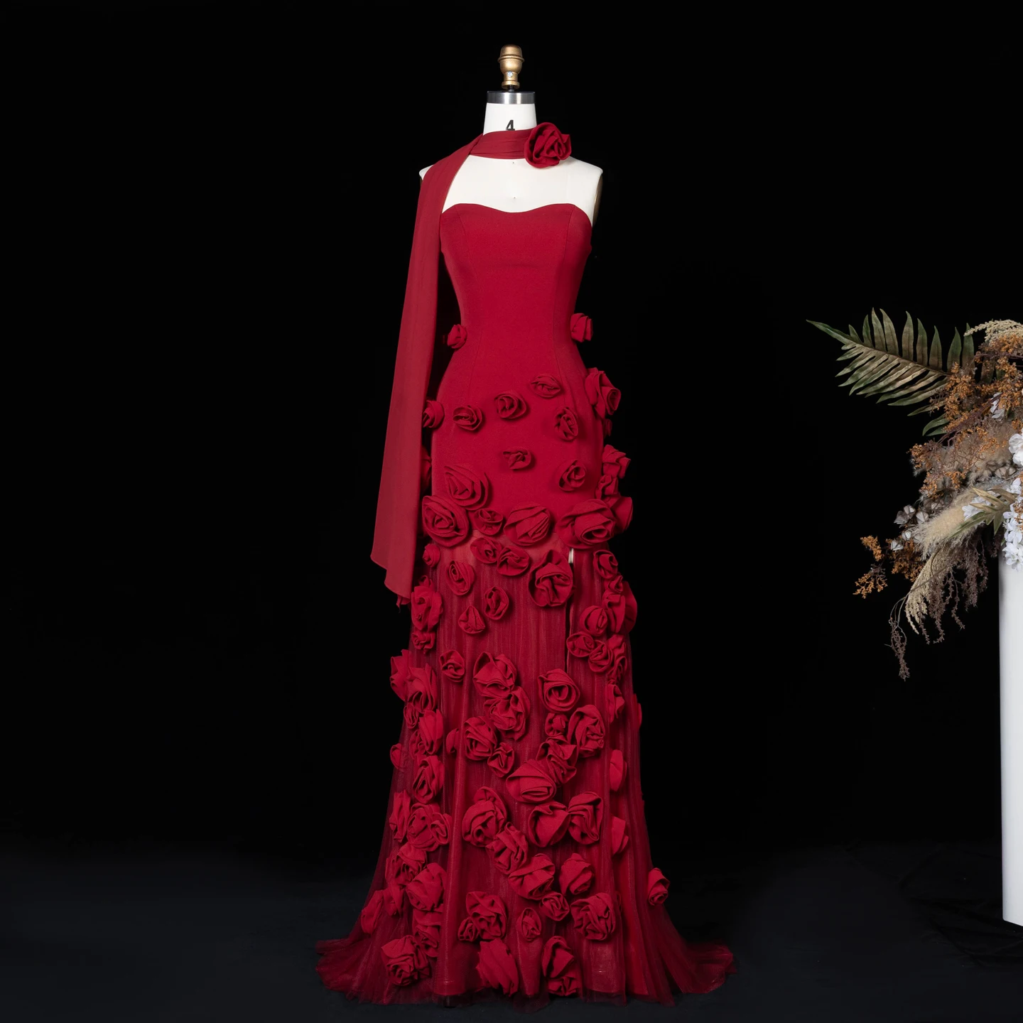 Sharon Said Dubai Elegante Burgunderrote Blumen-Abendkleider mit Langem Seitenschlitz 2026 Hochzeit Formelles Mädchen-Partykleid SS207 Maßanfertigung – Detail 14
