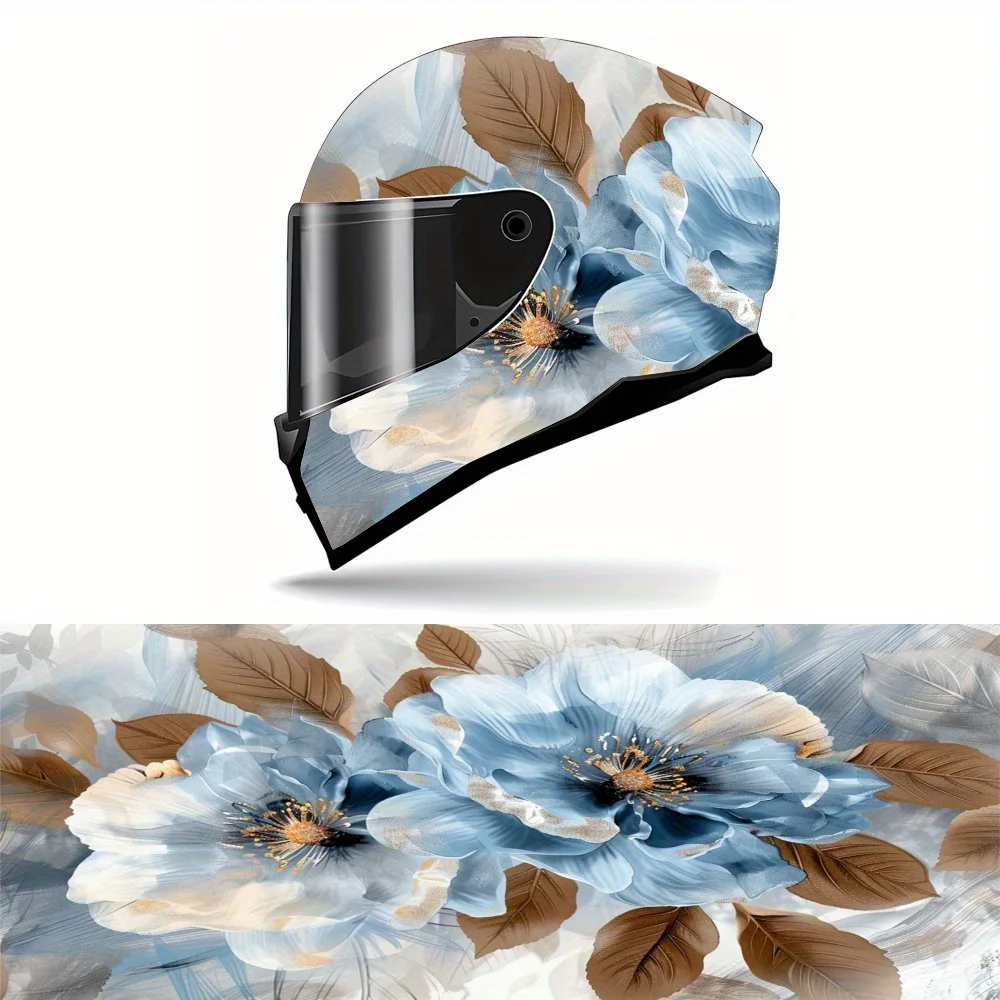 Floral azul y blanco: gráficos temáticos elegantes en acuarela, calcomanía para casco de motocicleta: PVC duradero; Casco de carreras de moto Aético