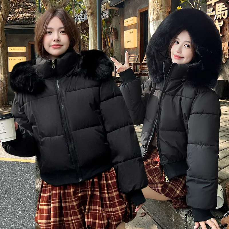 Femmes Parkas court manteau solide veste détachable col de fourrure à capuche poche zippée à manches longues épais bureau dame décontracté 2025 hiver