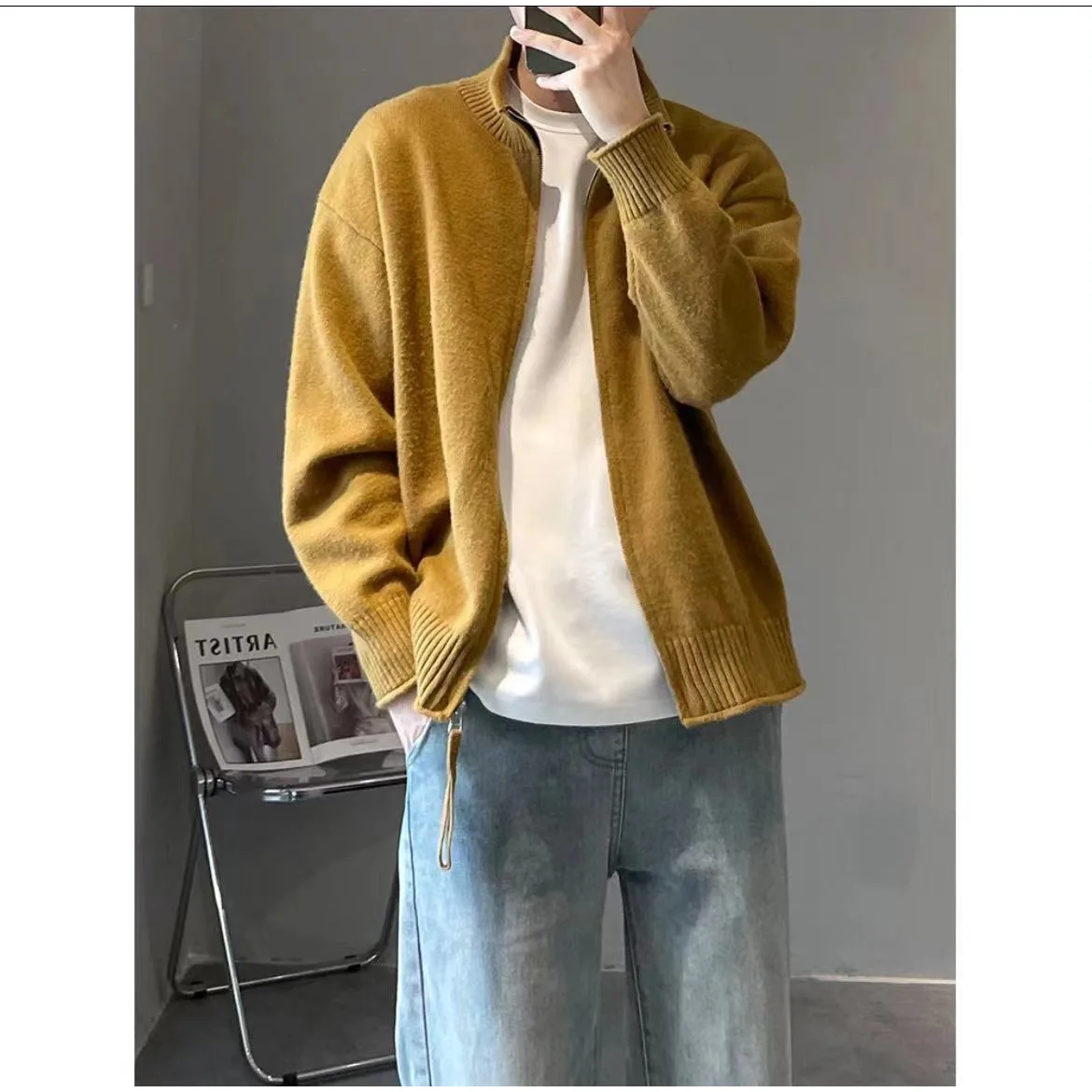 

Свободный крой, вязаный кардиган, пальто, мужской осенне-зимний большой размер 250, повседневная одежда с воротником-стойкой, верхняя одежда, свитер