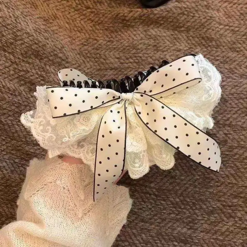 Gepunktete Schleifen-Haarspange im koreanischen Stil, süße Halb-High-Ponytail-Halterung, rutschfeste Haarspange, mädchenhaftes Party-Haar-Accessoire – Detail 1
