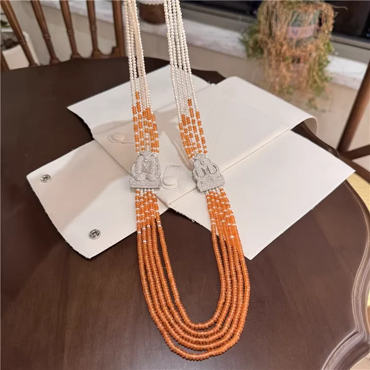 New Natural Pearl With Orange Jade Multi-Layer  Sweater Necklace for Women