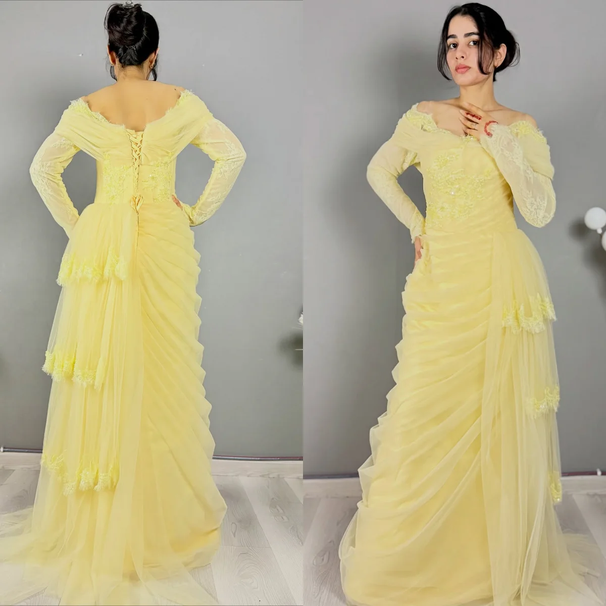 

Индивидуальные арабские желтые платья для выпускного вечера, шифоновые платья трапециевидной формы с длинными рукавами, Vestido de Fiesta для женщин, вечернее платье на день рождения