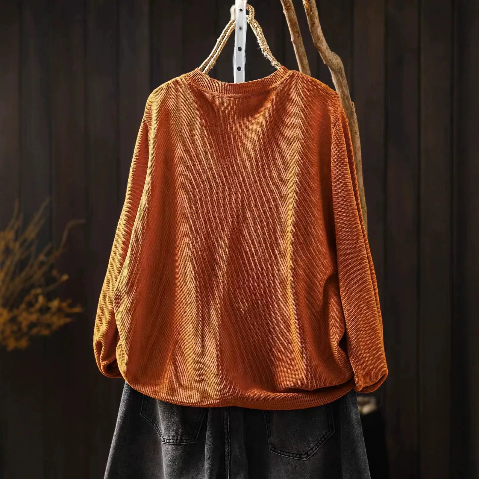 Women Autumn Winter Cotton Knit Sweater Crew Neck Chest Jacquard Loose Long Sleeve Casual Pullover Tops
