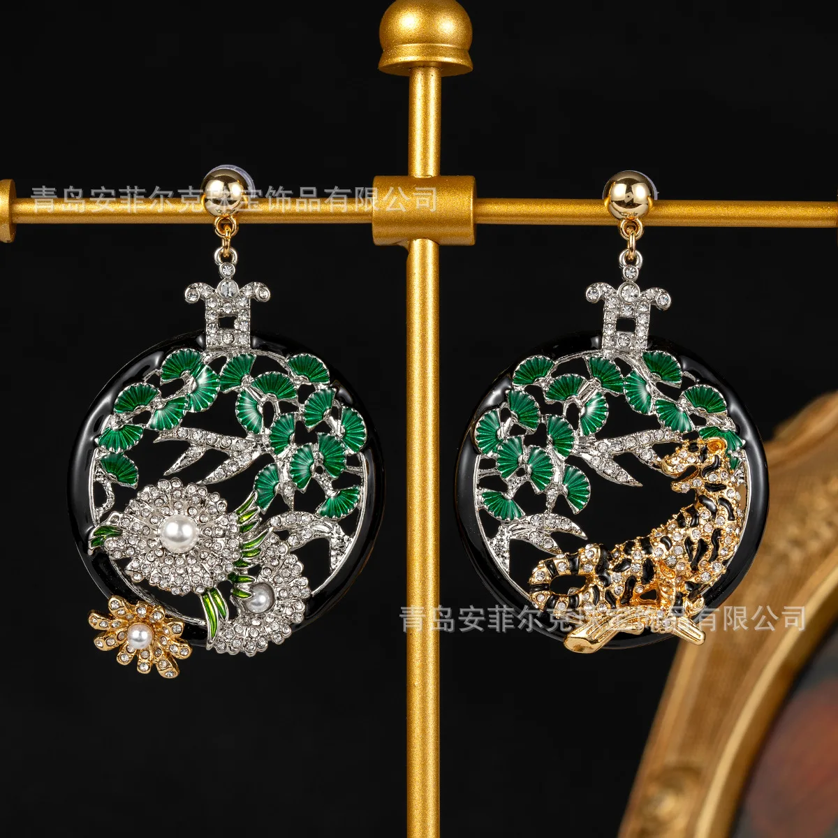 Medieval  leopard and pine forest asymmetric earrings enamel green leaves sparkling diamond flowers round earrings