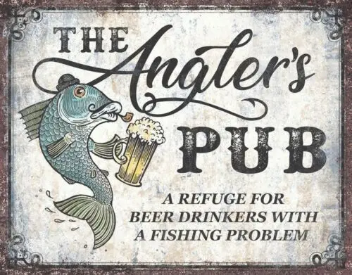 Angler's Pub Bar Fishing Sportsman Outdoors Drinking Retro Metal Tin Sign USA