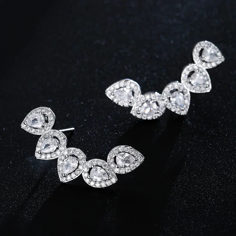 Luxury Water Drop Pear Cubic Zircon Cuff Stud Earrings for Women Fashion Flower Shape Stud Earrings Bridal Wedding Jewelry Gift