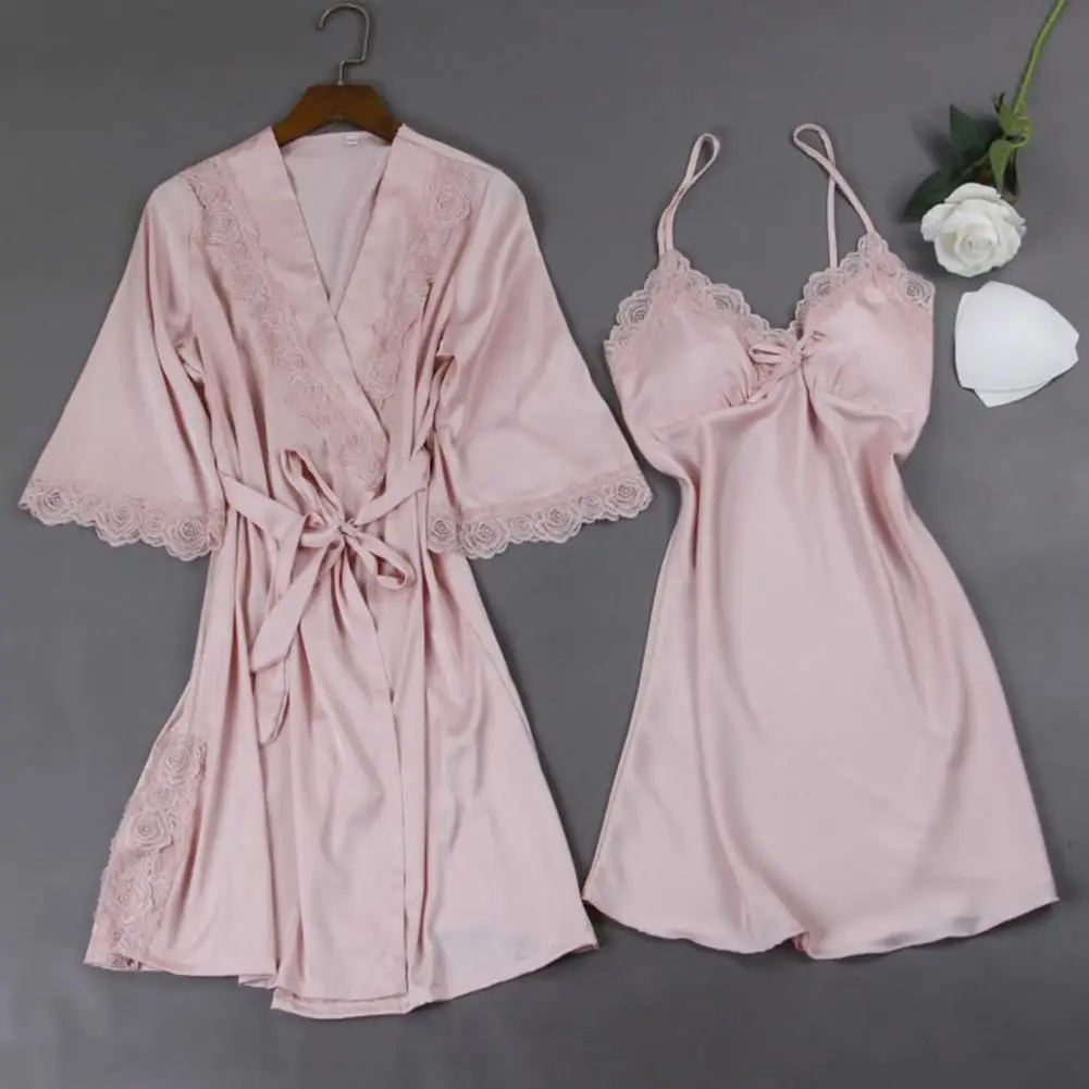 2 Pcs/Set Women Pajama Set Lace Bow Decor Nightwear Loose Silky Lace-up Loose Nightgown Sleeveless Split Nightdress Set 실크 잠옷 세트