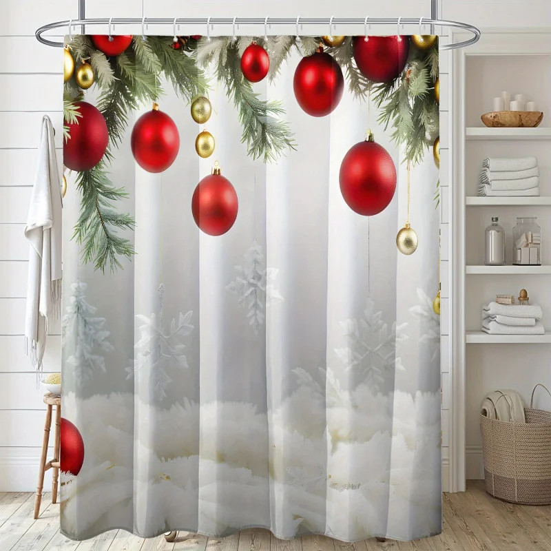 Christmas Cheer Shower Curtain - Waterproof Polyester with Snowflake, Pine & Ornament Design, Includes Hooks, Machine Washable -